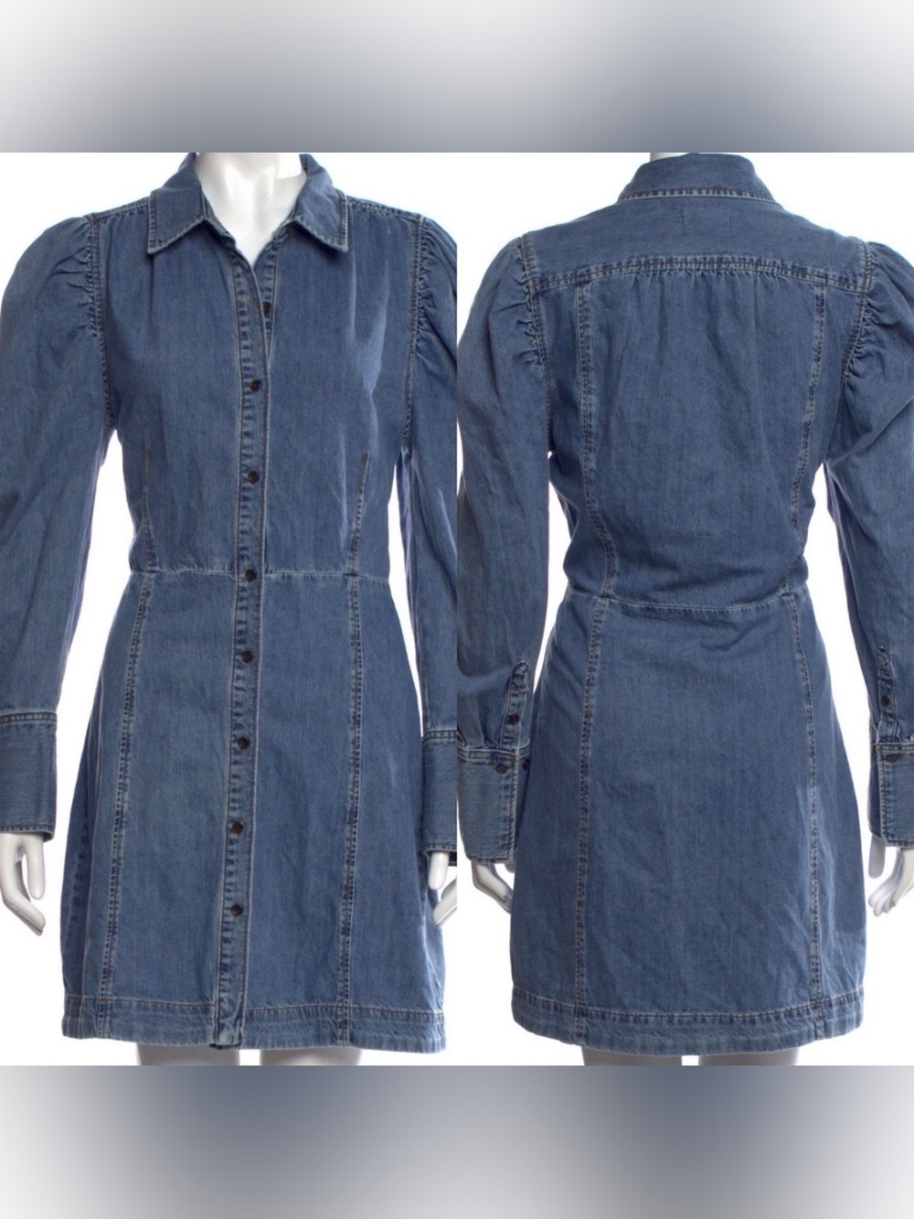 FRAME Eugenia Denim Puff Sleeve Mini Dress Blue Button Front Large